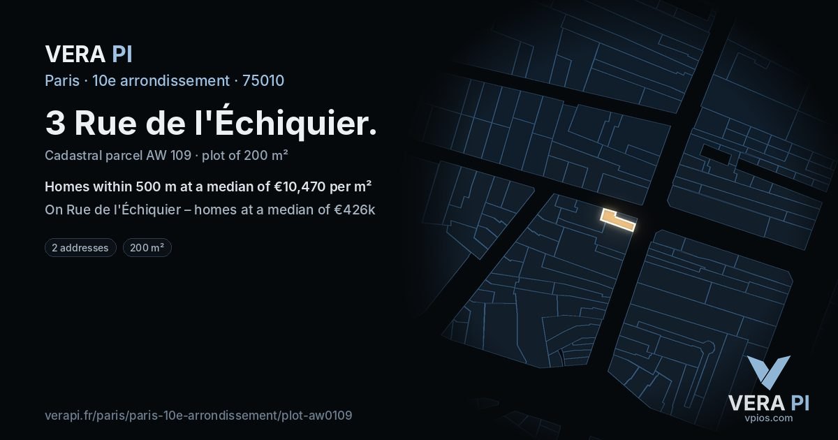 3 Rue de l'Échiquier, 10e arrondissement at night – the plot lit, the parcels around coloured by the prices near them