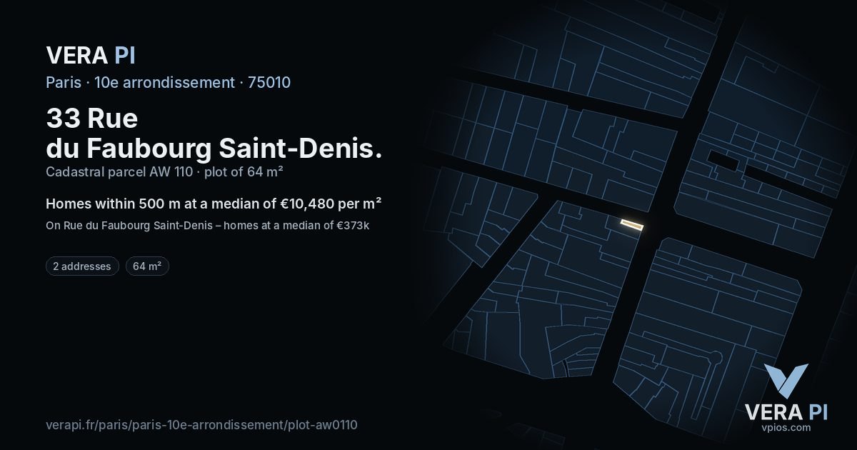 33 Rue du Faubourg Saint-Denis, 10e arrondissement at night – the plot lit, the parcels around coloured by the prices near them