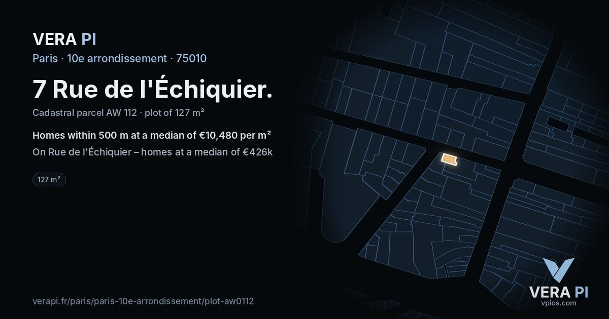 7 Rue de l'Échiquier, 10e arrondissement at night – the plot lit, the parcels around coloured by the prices near them