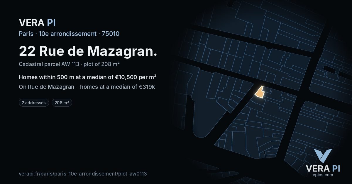 22 Rue de Mazagran, 10e arrondissement at night – the plot lit, the parcels around coloured by the prices near them