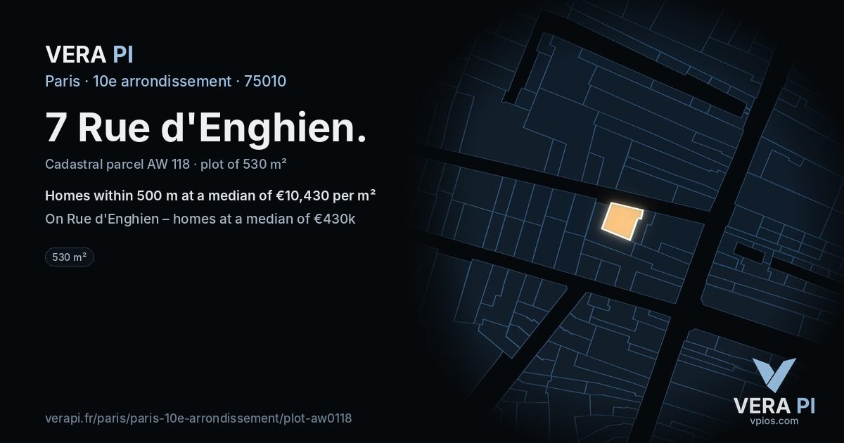 7 Rue d'Enghien, 10e arrondissement at night – the plot lit, the parcels around coloured by the prices near them