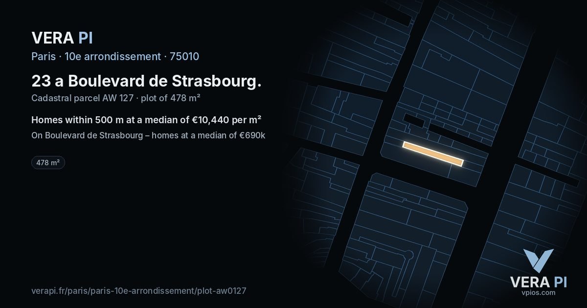 23 a Boulevard de Strasbourg, 10e arrondissement at night – the plot lit, the parcels around coloured by the prices near them