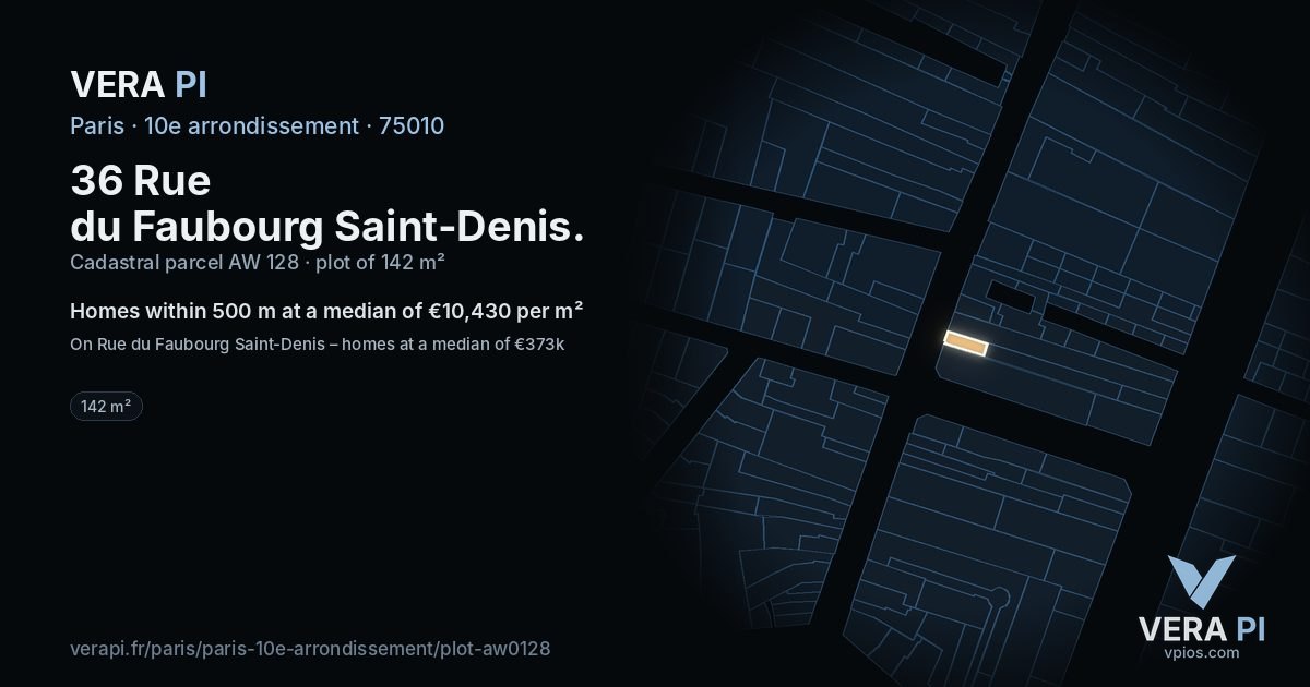 36 Rue du Faubourg Saint-Denis, 10e arrondissement at night – the plot lit, the parcels around coloured by the prices near them