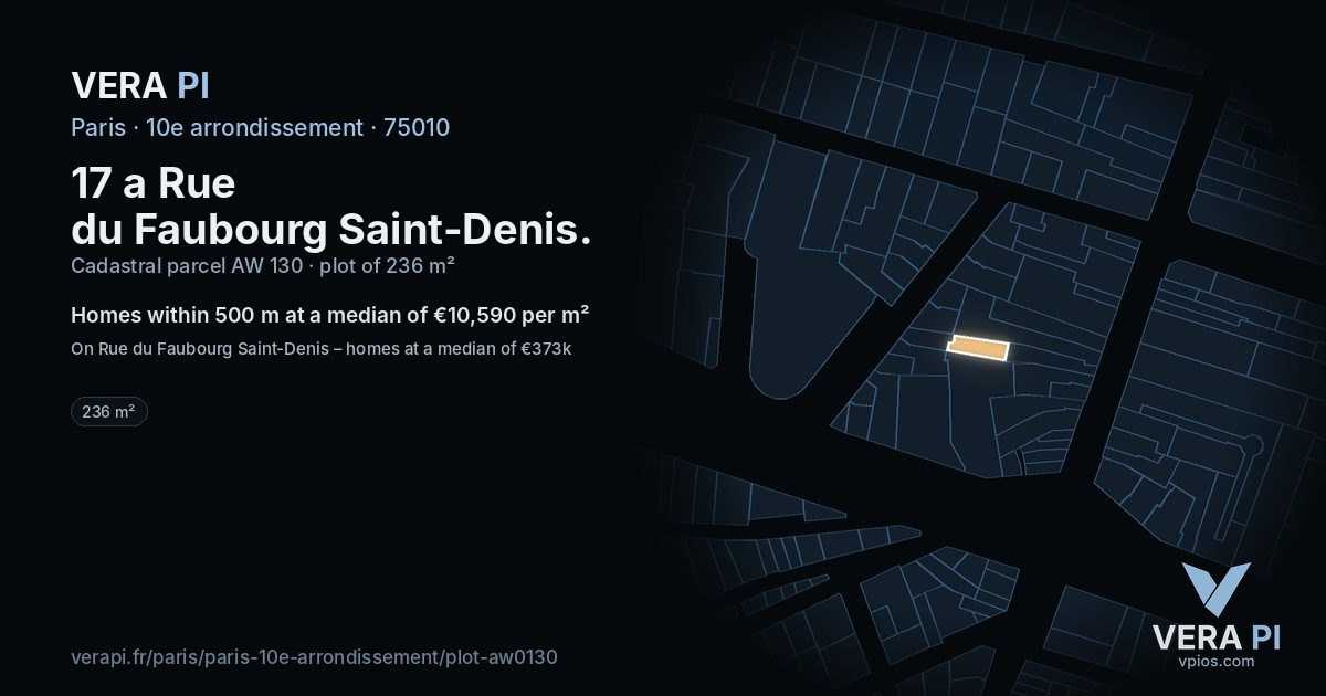 17 a Rue du Faubourg Saint-Denis, 10e arrondissement at night – the plot lit, the parcels around coloured by the prices near them