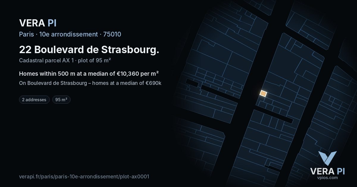 22 Boulevard de Strasbourg, 10e arrondissement at night – the plot lit, the parcels around coloured by the prices near them