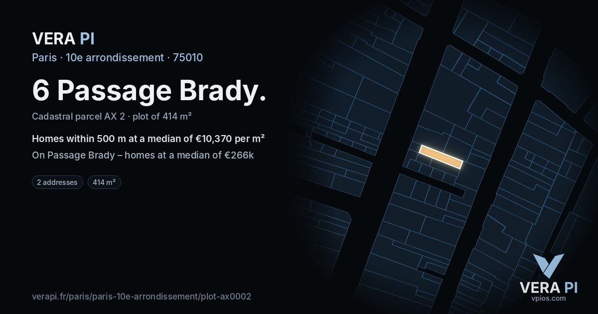 6 Passage Brady, 10e arrondissement at night – the plot lit, the parcels around coloured by the prices near them