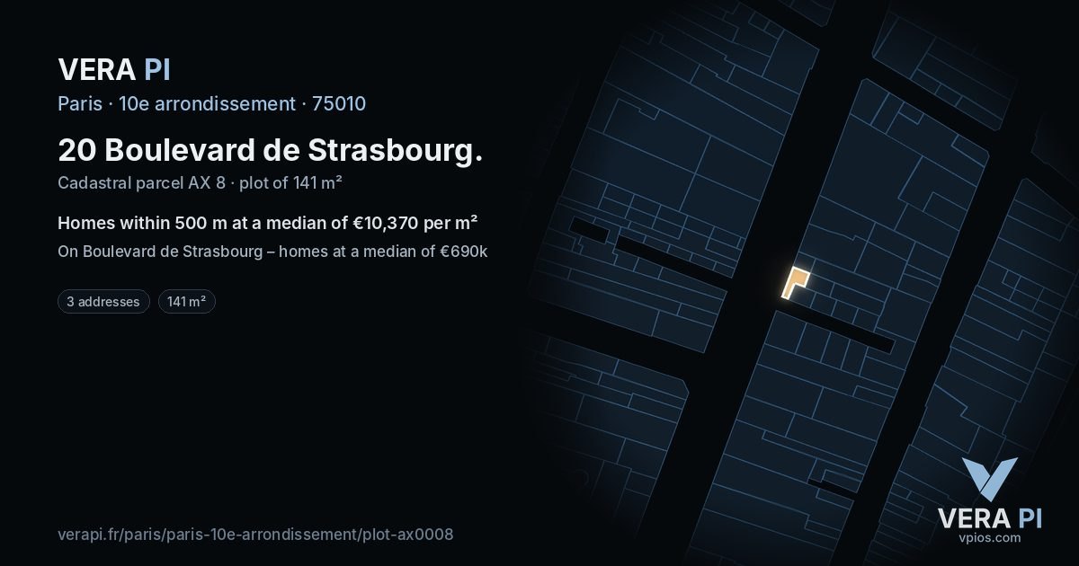 20 Boulevard de Strasbourg, 10e arrondissement at night – the plot lit, the parcels around coloured by the prices near them