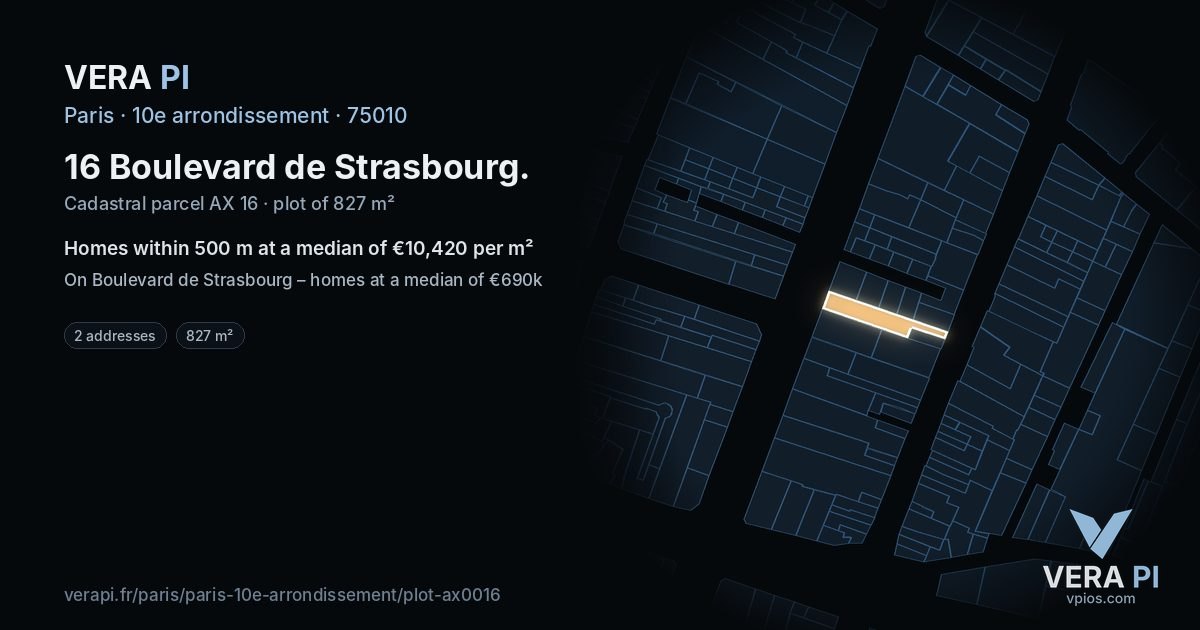 16 Boulevard de Strasbourg, 10e arrondissement at night – the plot lit, the parcels around coloured by the prices near them