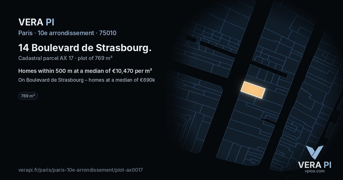 14 Boulevard de Strasbourg, 10e arrondissement at night – the plot lit, the parcels around coloured by the prices near them