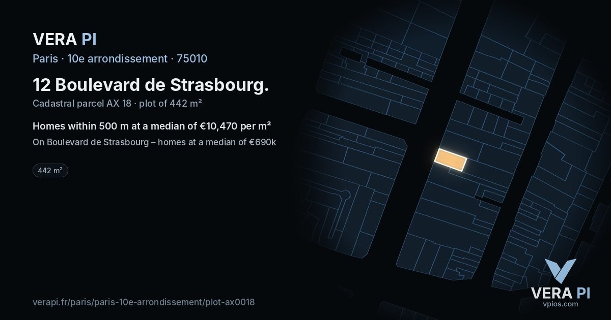 12 Boulevard de Strasbourg, 10e arrondissement at night – the plot lit, the parcels around coloured by the prices near them