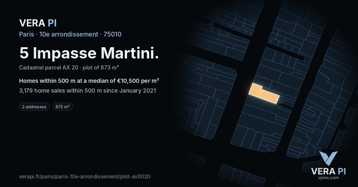 5 Impasse Martini, 10e arrondissement at night – the plot lit, the parcels around coloured by the prices near them