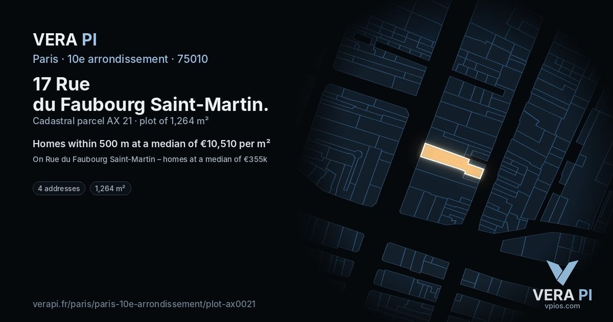 17 Rue du Faubourg Saint-Martin, 10e arrondissement at night – the plot lit, the parcels around coloured by the prices near them