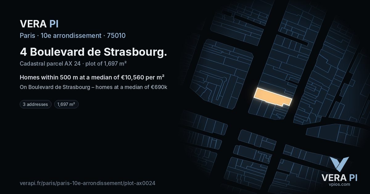 4 Boulevard de Strasbourg, 10e arrondissement at night – the plot lit, the parcels around coloured by the prices near them