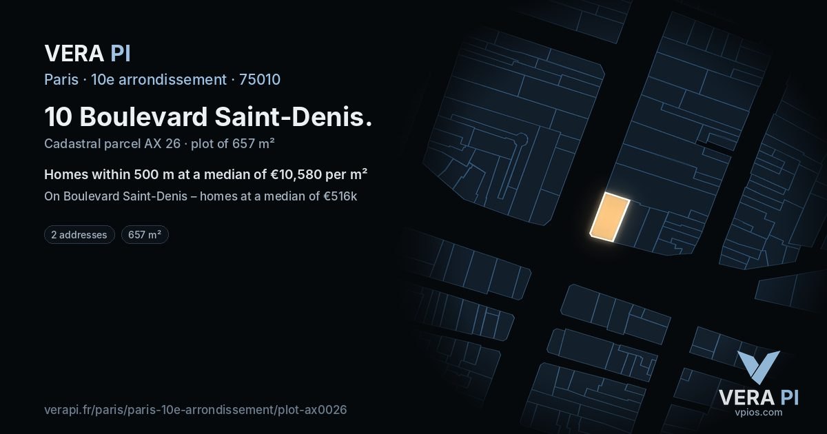 10 Boulevard Saint-Denis, 10e arrondissement at night – the plot lit, the parcels around coloured by the prices near them