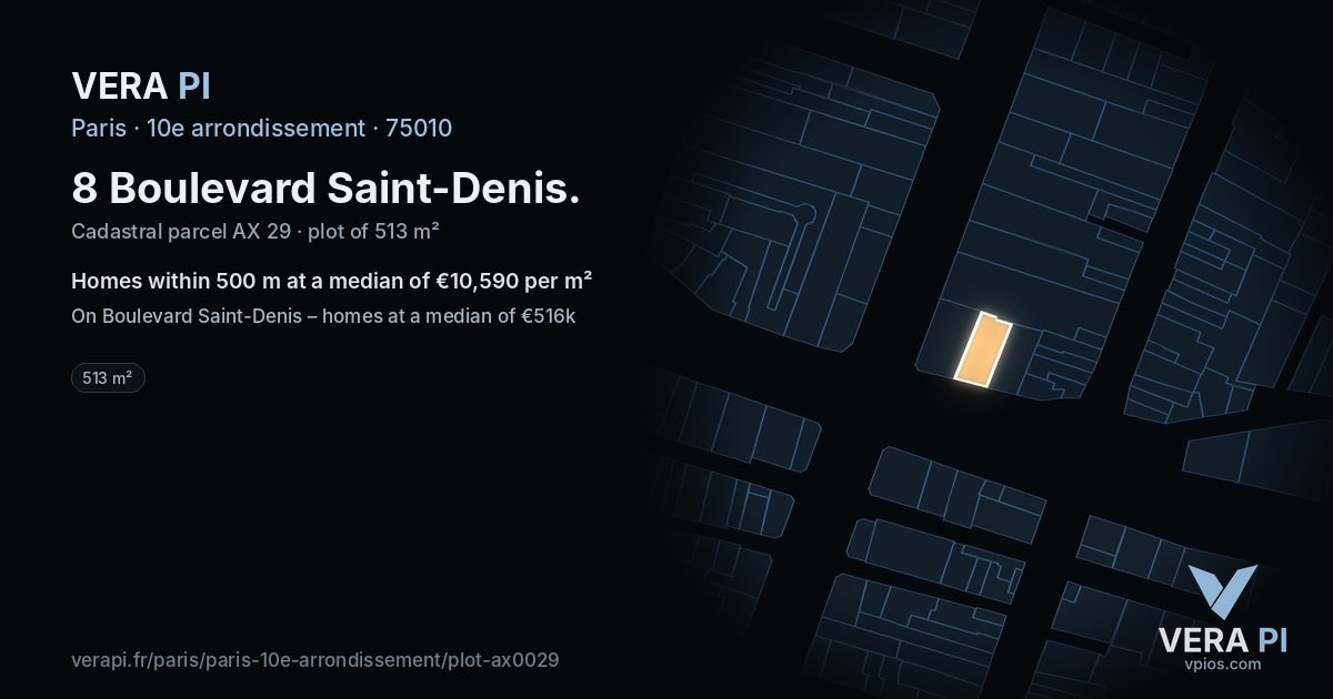 8 Boulevard Saint-Denis, 10e arrondissement at night – the plot lit, the parcels around coloured by the prices near them