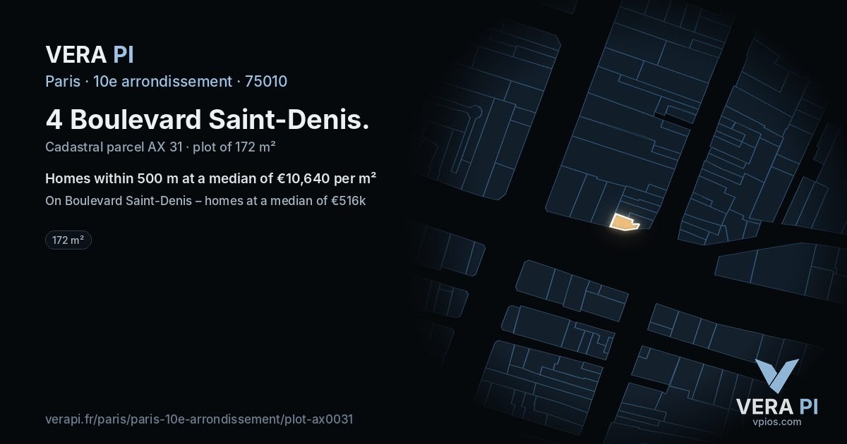 4 Boulevard Saint-Denis, 10e arrondissement at night – the plot lit, the parcels around coloured by the prices near them