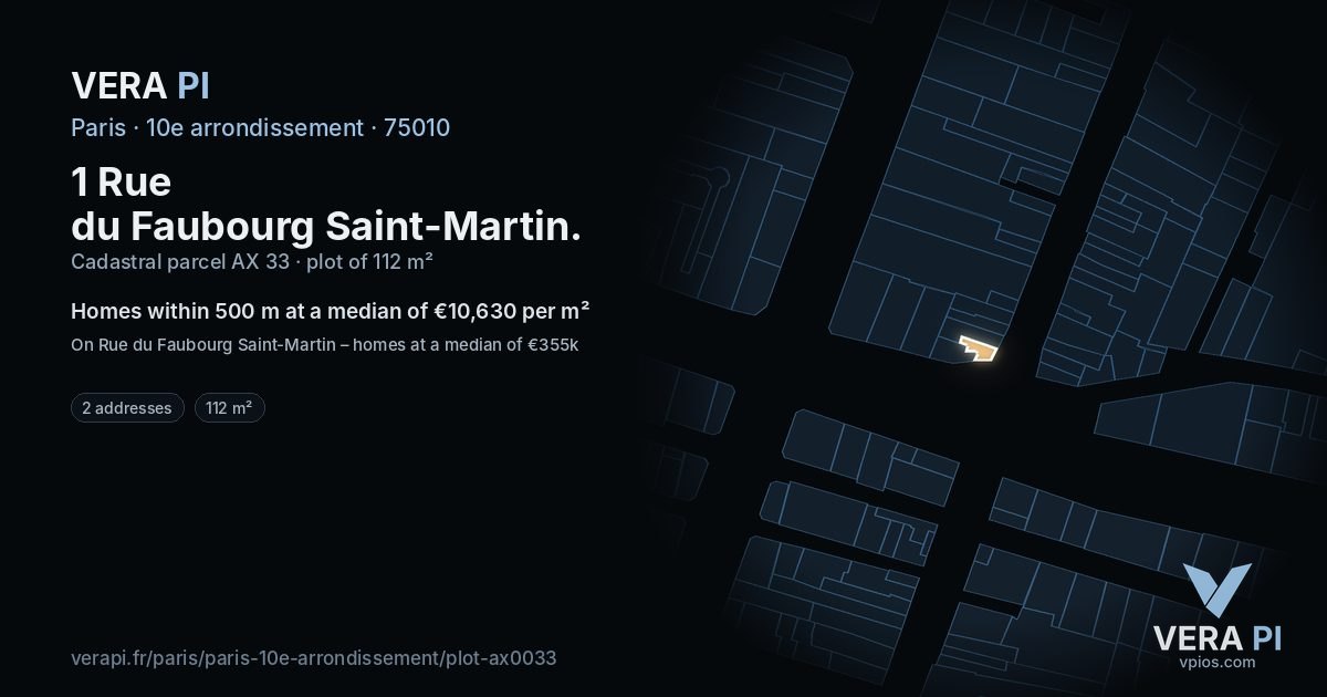 1 Rue du Faubourg Saint-Martin, 10e arrondissement at night – the plot lit, the parcels around coloured by the prices near them