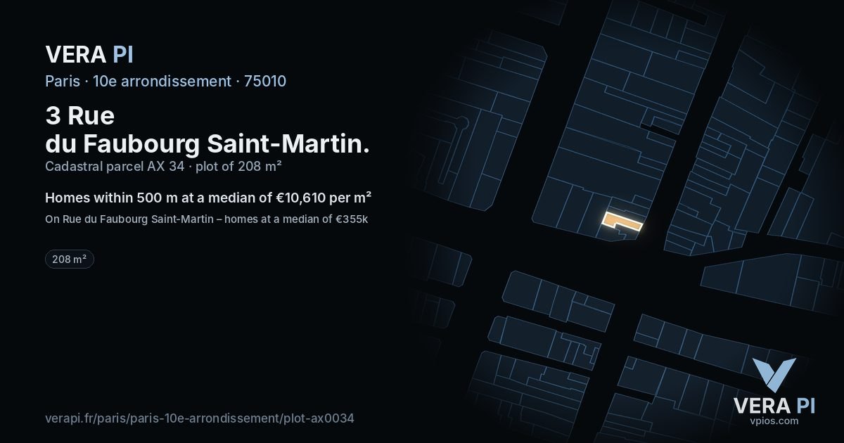 3 Rue du Faubourg Saint-Martin, 10e arrondissement at night – the plot lit, the parcels around coloured by the prices near them