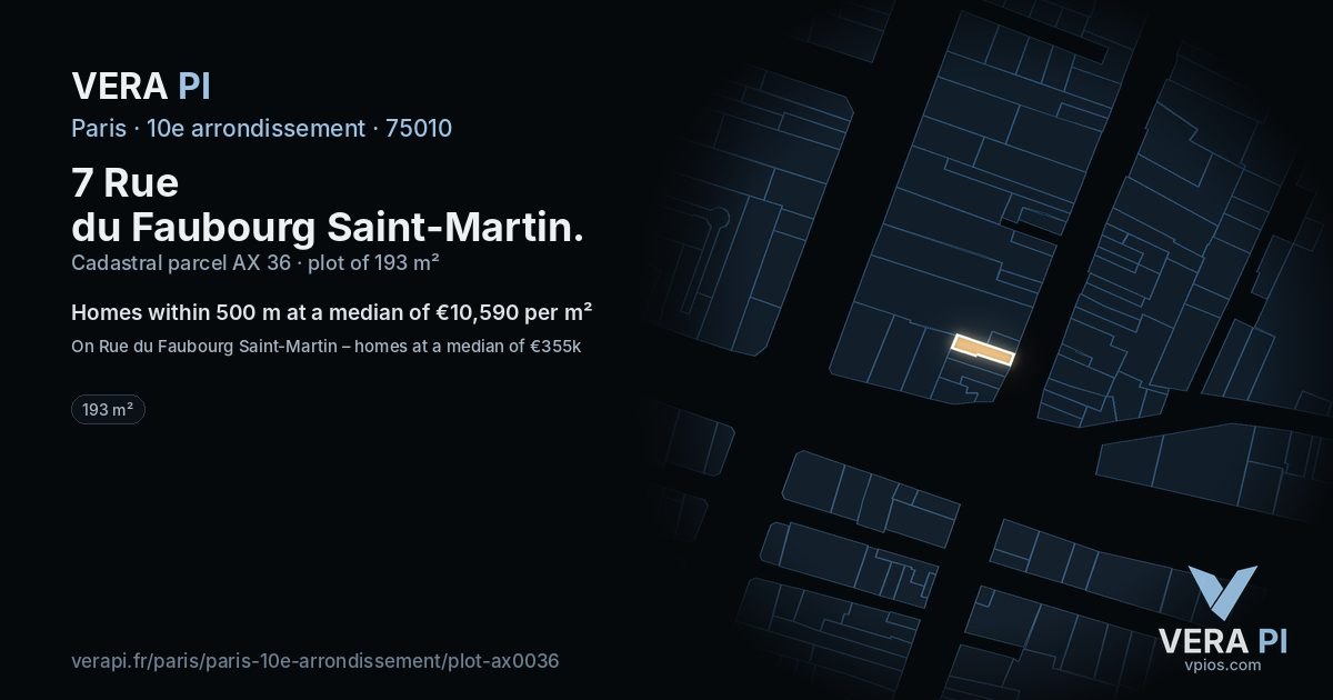 7 Rue du Faubourg Saint-Martin, 10e arrondissement at night – the plot lit, the parcels around coloured by the prices near them