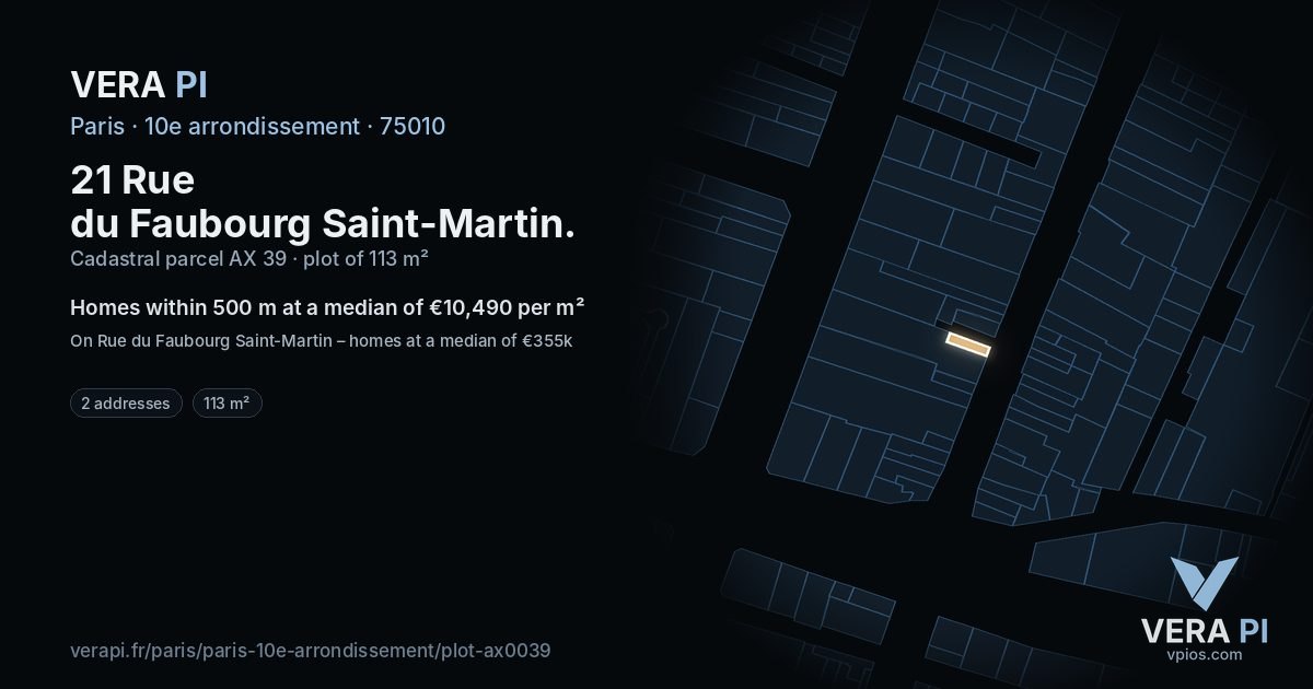 21 Rue du Faubourg Saint-Martin, 10e arrondissement at night – the plot lit, the parcels around coloured by the prices near them