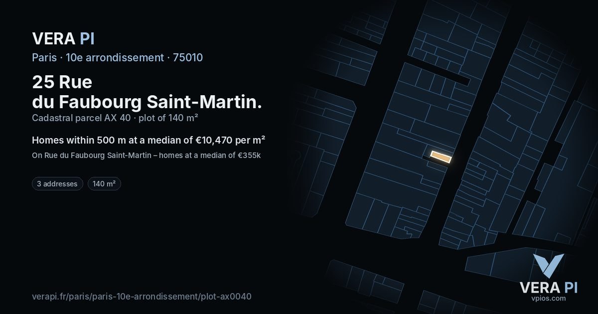 25 Rue du Faubourg Saint-Martin, 10e arrondissement at night – the plot lit, the parcels around coloured by the prices near them