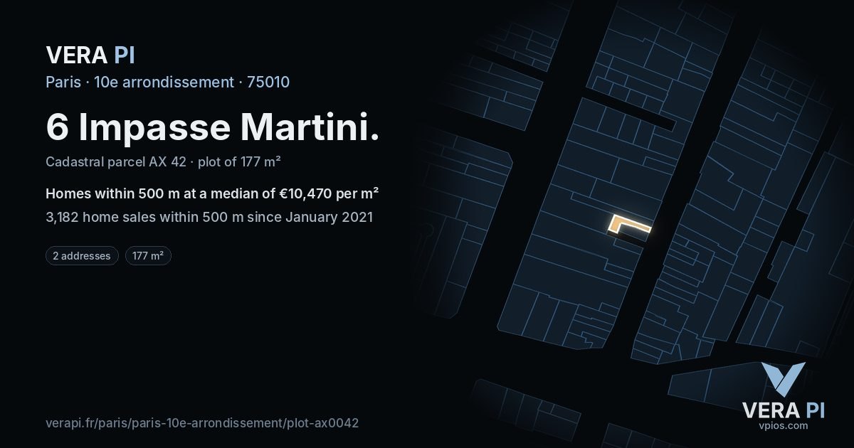6 Impasse Martini, 10e arrondissement at night – the plot lit, the parcels around coloured by the prices near them