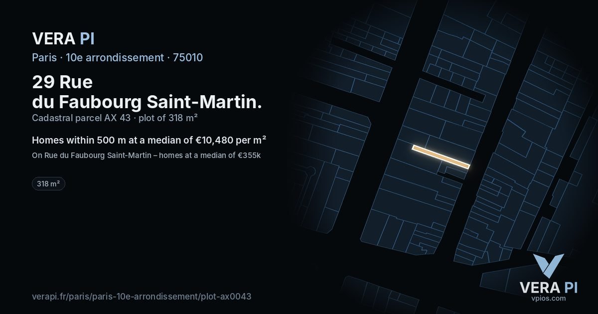 29 Rue du Faubourg Saint-Martin, 10e arrondissement at night – the plot lit, the parcels around coloured by the prices near them