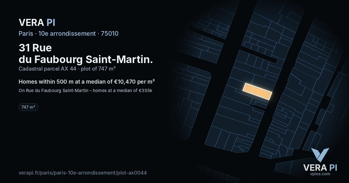 31 Rue du Faubourg Saint-Martin, 10e arrondissement at night – the plot lit, the parcels around coloured by the prices near them