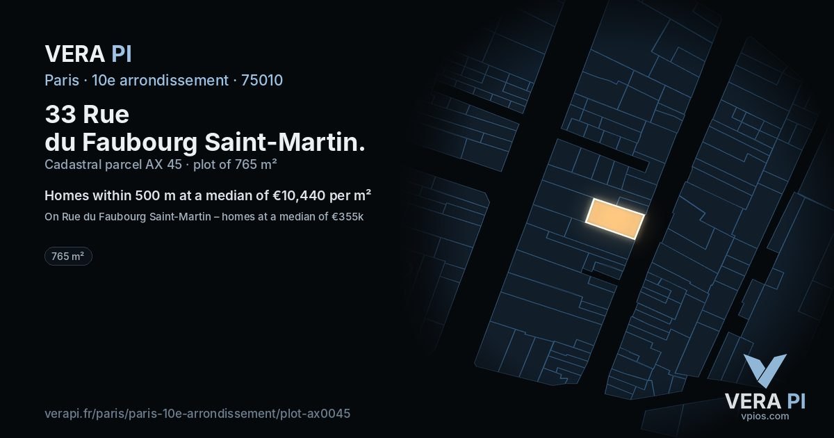 33 Rue du Faubourg Saint-Martin, 10e arrondissement at night – the plot lit, the parcels around coloured by the prices near them