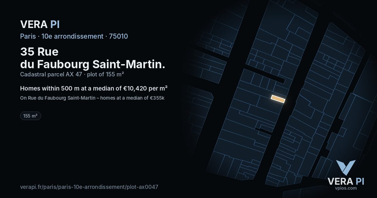 35 Rue du Faubourg Saint-Martin, 10e arrondissement at night – the plot lit, the parcels around coloured by the prices near them