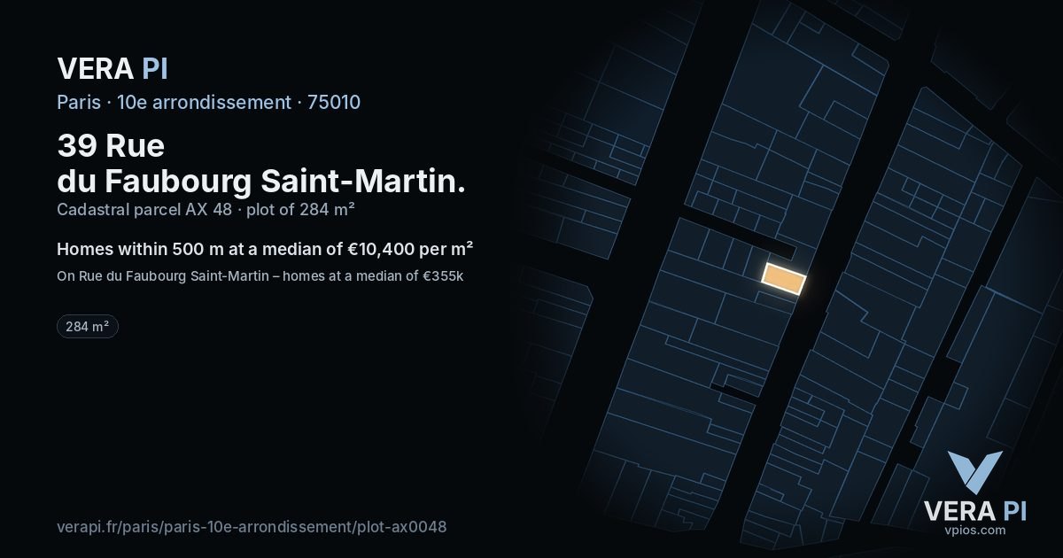 39 Rue du Faubourg Saint-Martin, 10e arrondissement at night – the plot lit, the parcels around coloured by the prices near them