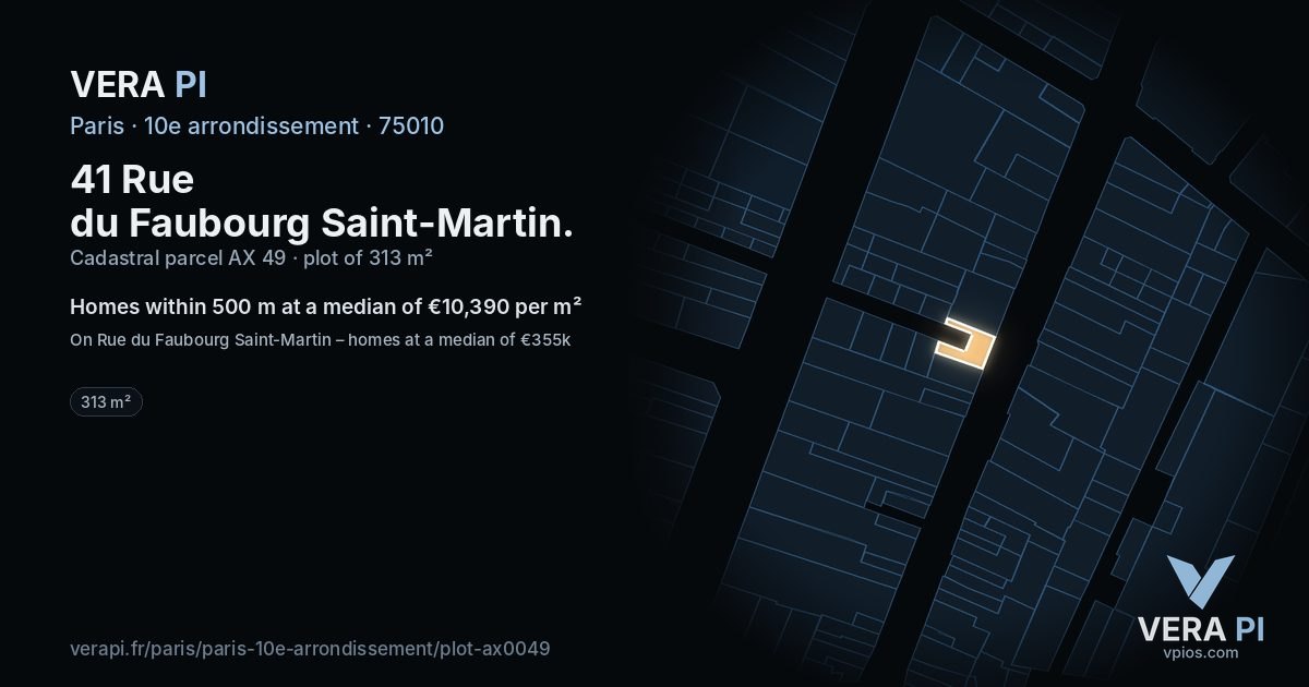 41 Rue du Faubourg Saint-Martin, 10e arrondissement at night – the plot lit, the parcels around coloured by the prices near them