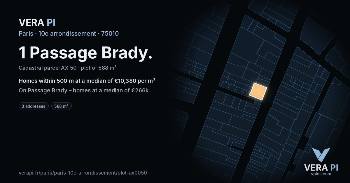 1 Passage Brady, 10e arrondissement at night – the plot lit, the parcels around coloured by the prices near them