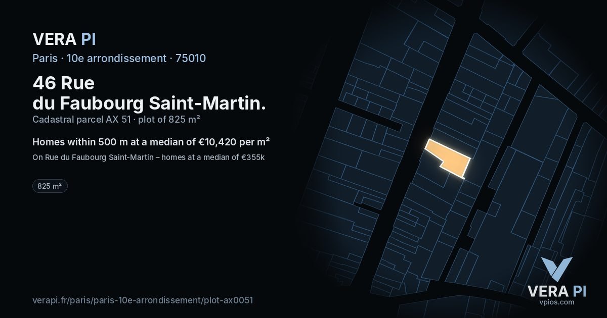 46 Rue du Faubourg Saint-Martin, 10e arrondissement at night – the plot lit, the parcels around coloured by the prices near them