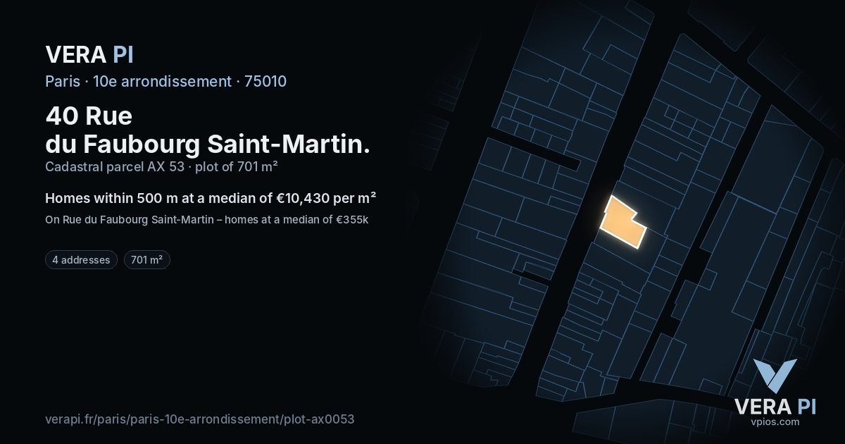 40 Rue du Faubourg Saint-Martin, 10e arrondissement at night – the plot lit, the parcels around coloured by the prices near them