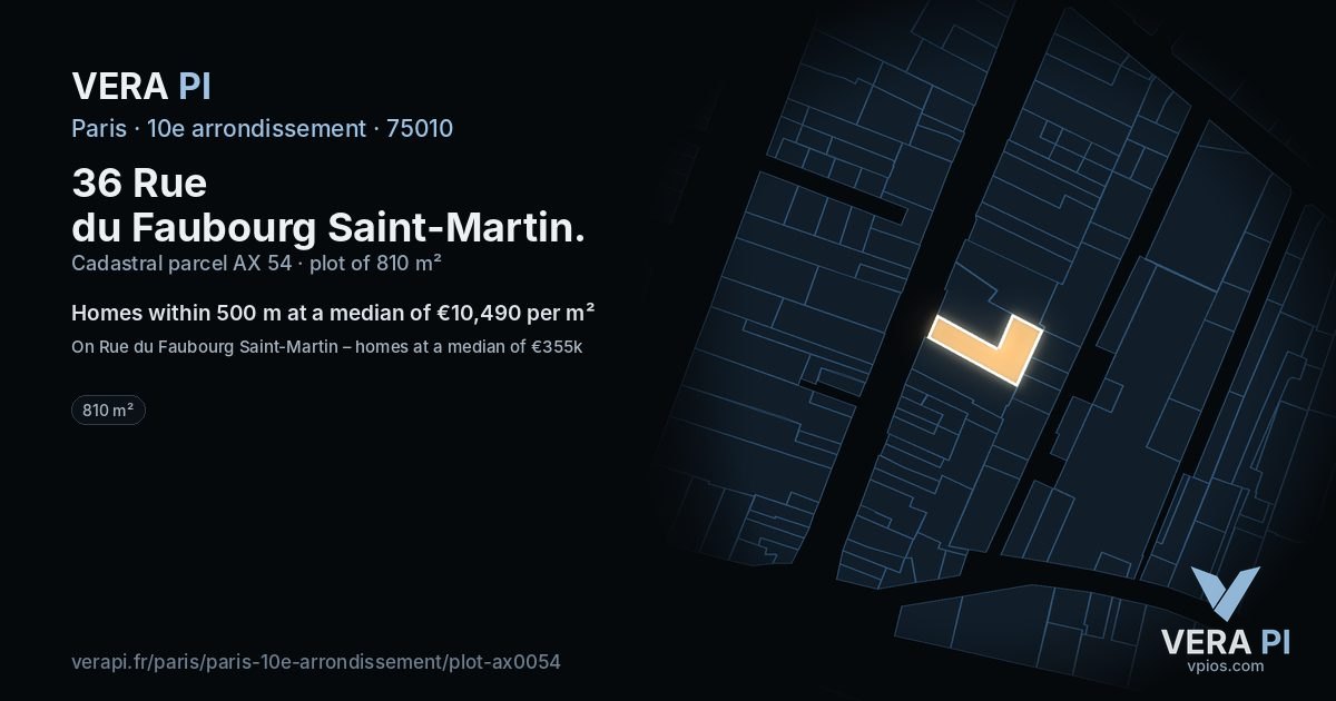 36 Rue du Faubourg Saint-Martin, 10e arrondissement at night – the plot lit, the parcels around coloured by the prices near them