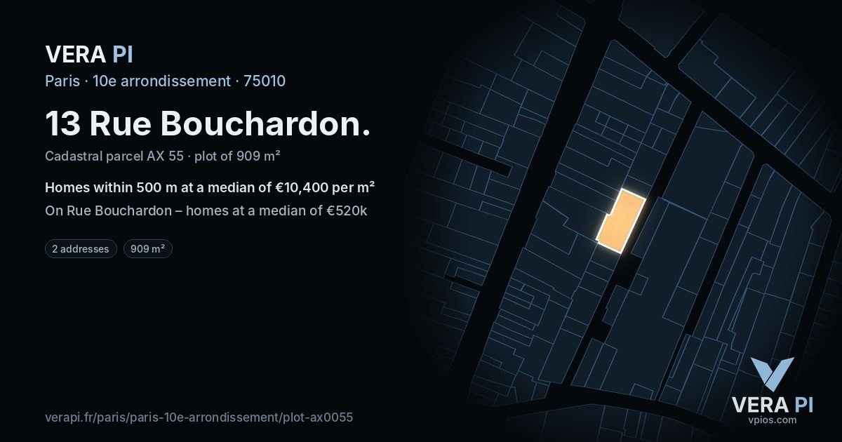 13 Rue Bouchardon, 10e arrondissement at night – the plot lit, the parcels around coloured by the prices near them