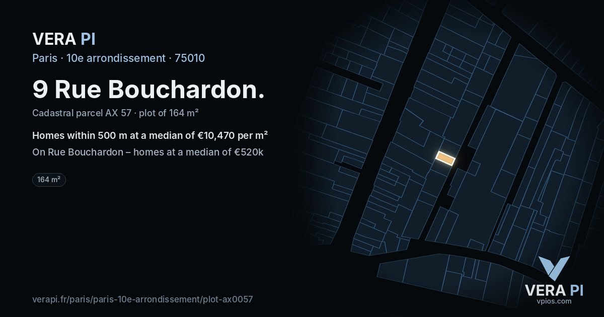 9 Rue Bouchardon, 10e arrondissement at night – the plot lit, the parcels around coloured by the prices near them
