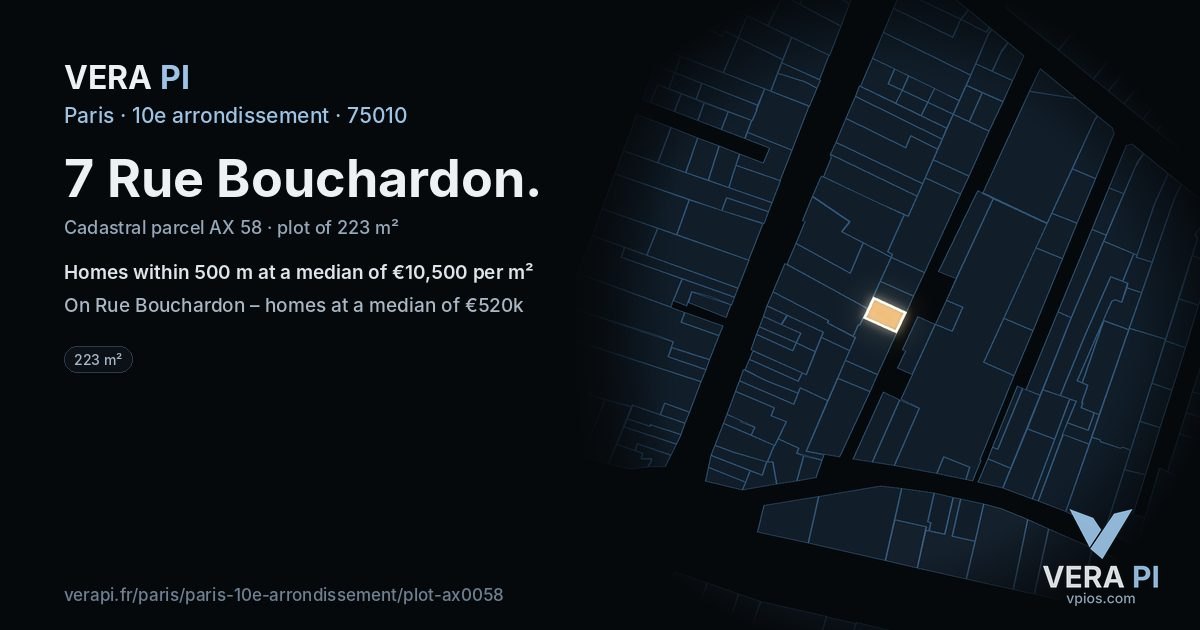 7 Rue Bouchardon, 10e arrondissement at night – the plot lit, the parcels around coloured by the prices near them