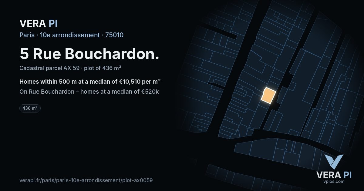 5 Rue Bouchardon, 10e arrondissement at night – the plot lit, the parcels around coloured by the prices near them