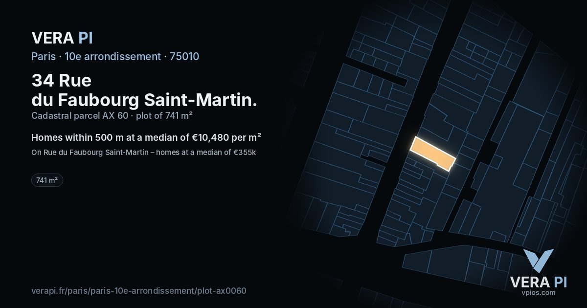 34 Rue du Faubourg Saint-Martin, 10e arrondissement at night – the plot lit, the parcels around coloured by the prices near them