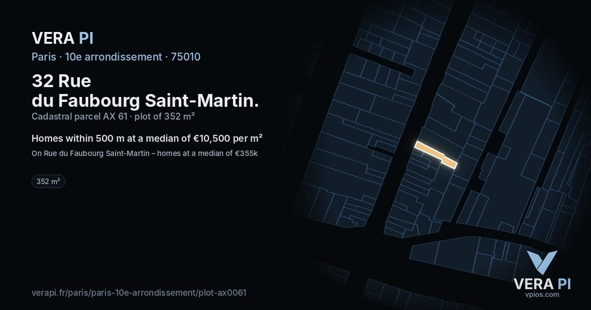 32 Rue du Faubourg Saint-Martin, 10e arrondissement at night – the plot lit, the parcels around coloured by the prices near them
