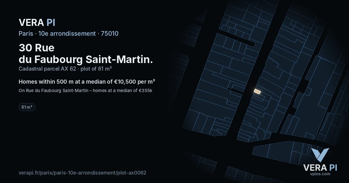 30 Rue du Faubourg Saint-Martin, 10e arrondissement at night – the plot lit, the parcels around coloured by the prices near them