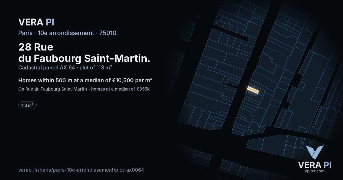 28 Rue du Faubourg Saint-Martin, 10e arrondissement at night – the plot lit, the parcels around coloured by the prices near them