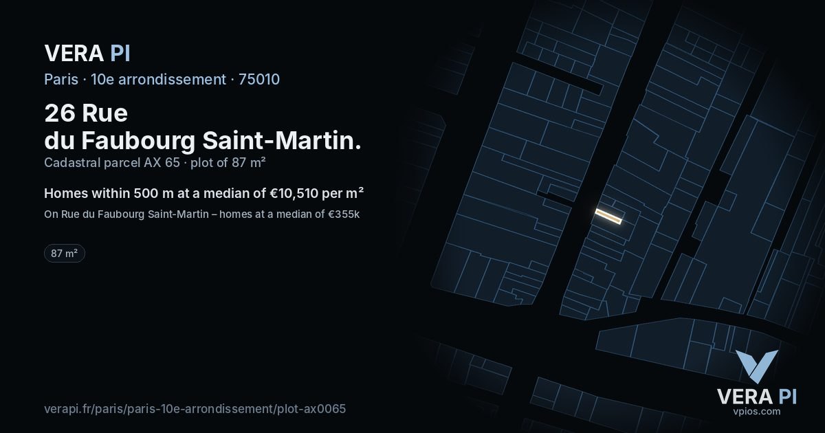 26 Rue du Faubourg Saint-Martin, 10e arrondissement at night – the plot lit, the parcels around coloured by the prices near them