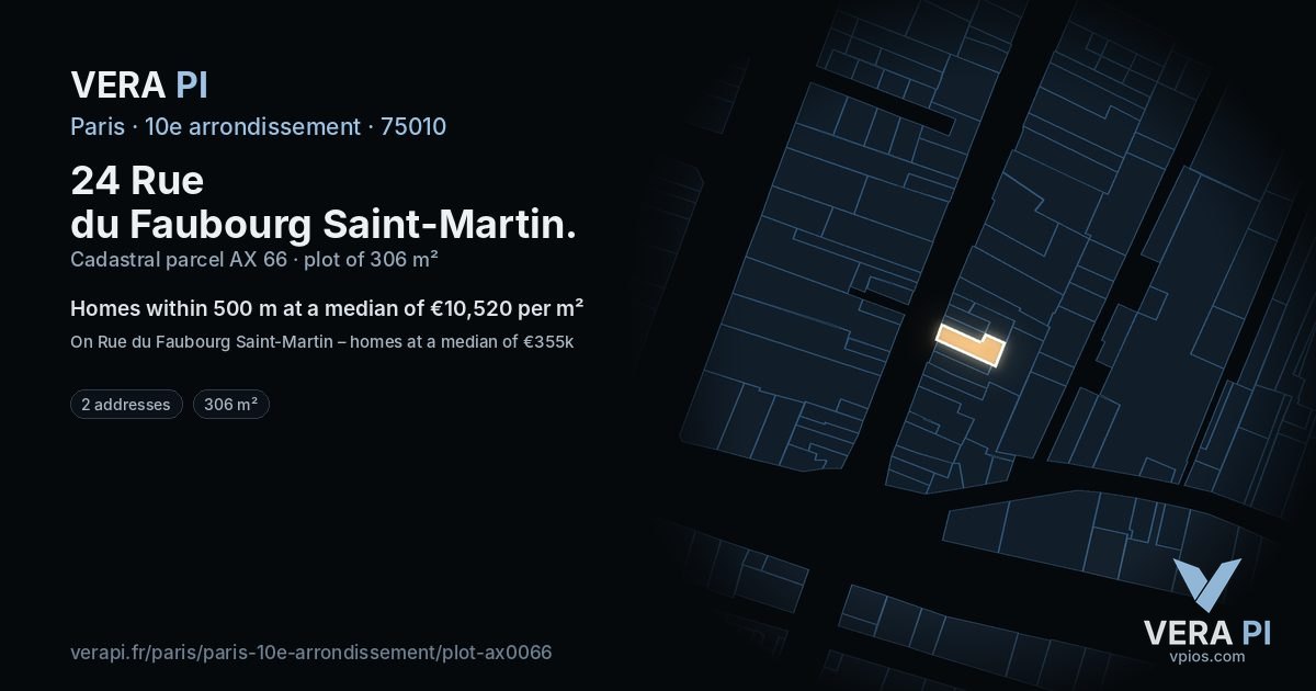 24 Rue du Faubourg Saint-Martin, 10e arrondissement at night – the plot lit, the parcels around coloured by the prices near them