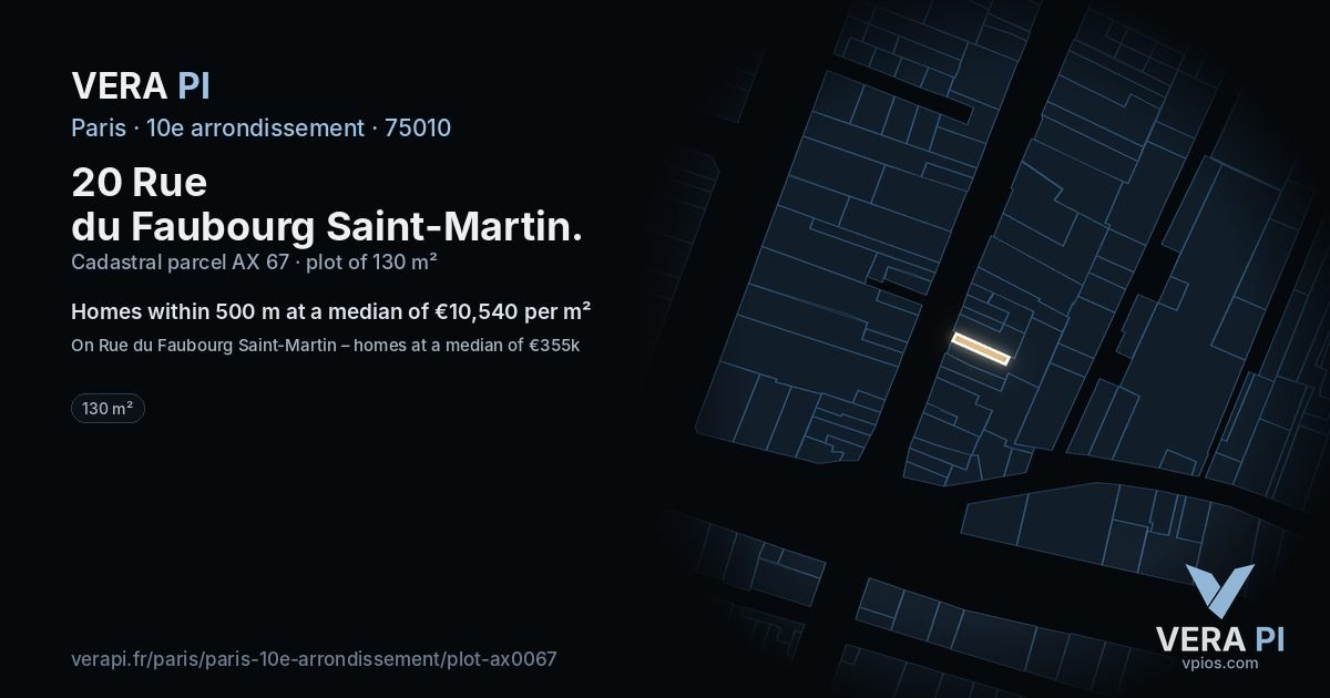 20 Rue du Faubourg Saint-Martin, 10e arrondissement at night – the plot lit, the parcels around coloured by the prices near them