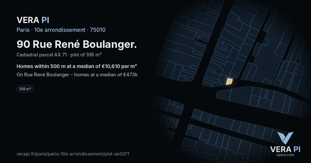 90 Rue René Boulanger, 10e arrondissement at night – the plot lit, the parcels around coloured by the prices near them