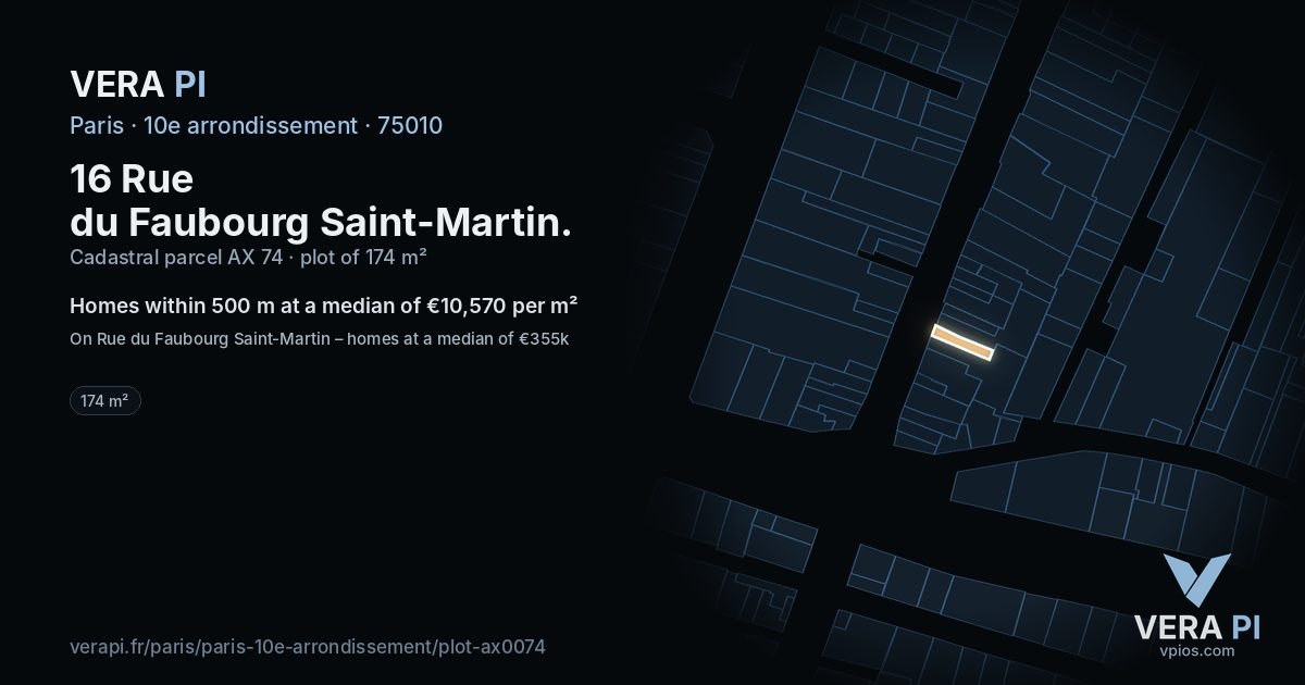 16 Rue du Faubourg Saint-Martin, 10e arrondissement at night – the plot lit, the parcels around coloured by the prices near them