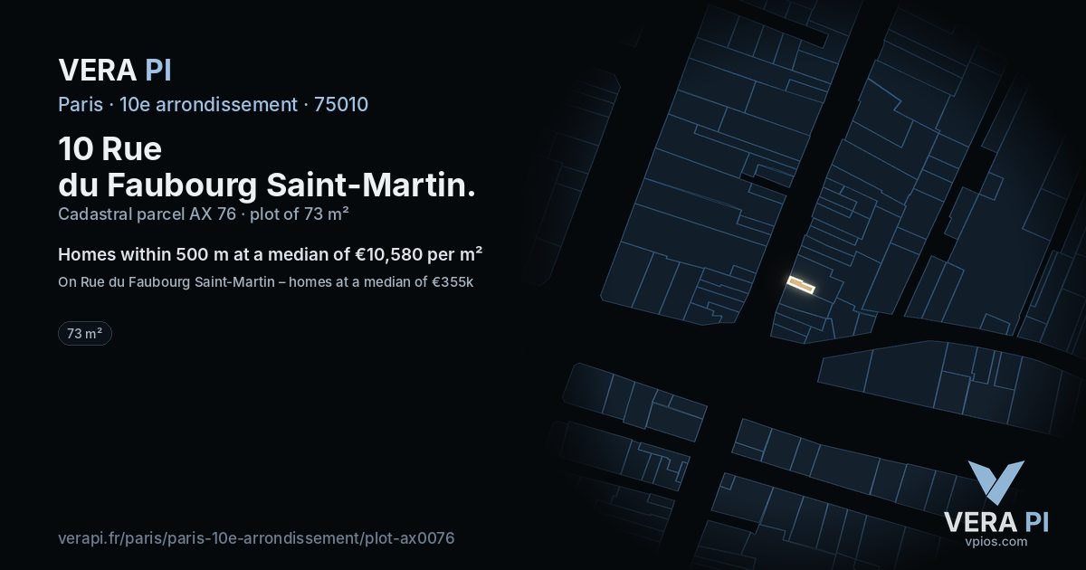 10 Rue du Faubourg Saint-Martin, 10e arrondissement at night – the plot lit, the parcels around coloured by the prices near them